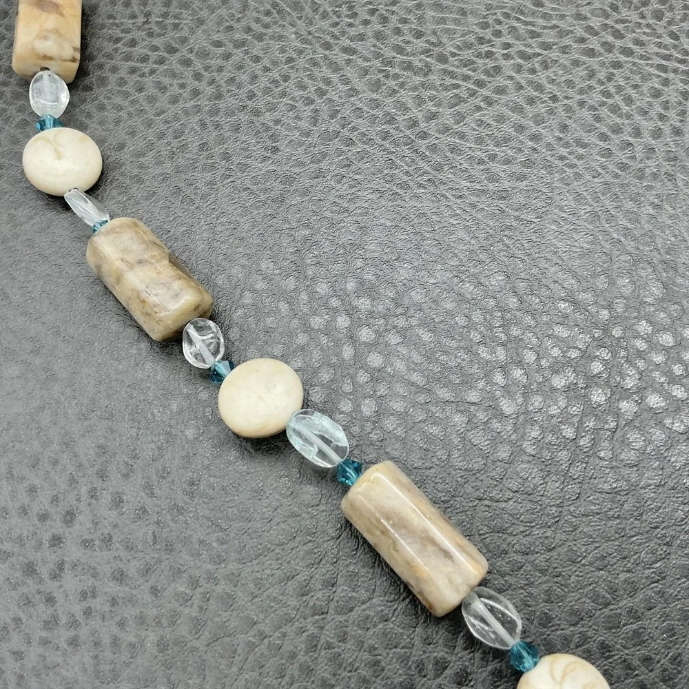 Geode Druzy Quartz Pendant Beaded Necklace Fossil Jasper Aqua Glass Beads Boho